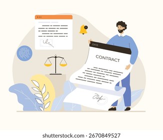 Contrato online, assinatura digital. Homem que possui um formulário de contrato eletrônico, assinando contrato usando aplicativo online. Ilustração de vetor plano.	
