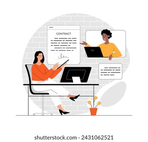 Online agreement, digital signature. Partnership and cooperation. Man and woman signing electronic contract online. Illustration with people scene in flat design for website and mobile development.