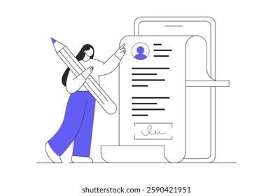 Online agreement, digital signature, partnership and cooperation. Woman fill out form, sign document via mobile application. Flat Cartoon Vector Illustration, icon. Stylish abstract Flat design web