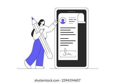 Online agreement, digital signature, partnership and cooperation. Woman fill out form, sign document via mobile application. Flat Cartoon Vector Illustration, icon. Stylish abstract design for website