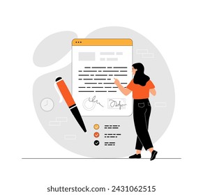 Acuerdo en línea, firma digital, contrato inteligente en línea. Mujer leer y firmar los términos del contrato en la página web. Ilustración con escena de personas en diseño plano para desarrollo web y móvil.