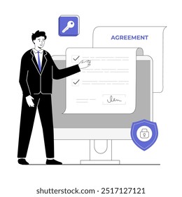 Acuerdo en línea, firma digital, contrato inteligente en línea. Hombre leyendo Términos y condiciones y firma documento legal en la computadora. Ilustración vectorial con gente de línea para el Diseño web.	
