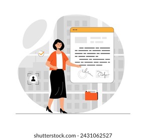 Online agreement, digital signature. Woman make business deal and sign virtual documents. Collaboration and cooperation.Illustration with people scene in flat design for website and mobile development