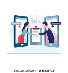 Online Agreement flat design concept. Businessmen shaking hand with online agreement contract document on smartphone.