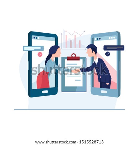 Online Agreement flat design concept. Businessmen shaking hand with online agreement contract document on smartphone.
