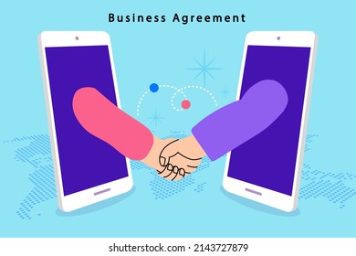 Online agreement using mobile phone for opening of a new startup. Businessmen shaking hands after successful negotiations. Business people on smartphone screens. Online business, distant meeting. 