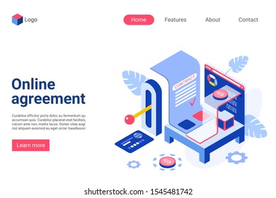 Online Agreement Vector Isometric Landing Page Template. Electronic Contract Website Homepage Interface Layout. Digital Deal. Verification, Smart Document. E Signature Web Banner, Webpage 3D Concept