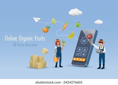 Online agriculture store selling organic fruits and vegetables products. Farmer feeling happy with notification orders on smartphone app. Vector Illustration.