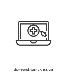 Online Aid support line icon. linear style sign for mobile concept and web design. Laptop with medical cross outline vector icon. Symbol, logo illustration. Vector graphics