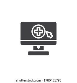 Online Aid vector icon. filled flat sign for mobile concept and web design. Monitor with medical cross glyph icon. Symbol, logo illustration. Vector graphics