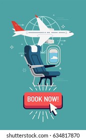 Online airline booking vector flat design concept illustration. Book your airline now. Web banner or printable template with airplane, seat and button