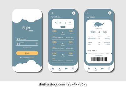 Diseño de reserva de billetes de avión en línea para aplicaciones móviles. Pantalla de plataforma de reserva de billetes de avión. Interfaz gráfica de usuario para aplicaciones móviles receptivas 