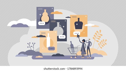 Online alcohol sales with purchase in website process flat tiny persons concept. E commerce store for distant drinks and beverages shopping vector illustration. Customer internet assortment catalog.