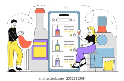 Online alcohol store. Man and woman with wine in glass near smartphone. People with alcoholic drinks. Online shopping and electronic commerce. Linear vector illustration isolated on white background