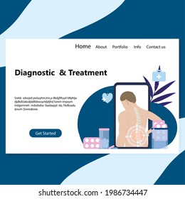 Online alternative therapy to be treated landing page. Doctor oneself for spine and backstance ache, osteopath chiropractor onlne use smartphone. Vector illustration