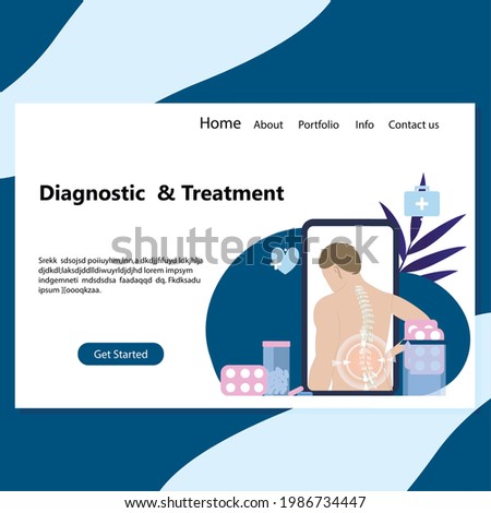 Online alternative therapy to be treated landing page. Doctor oneself for spine and backstance ache, osteopath chiropractor onlne use smartphone. Vector illustration