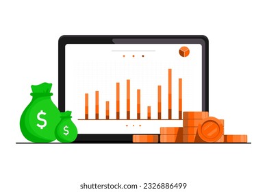 Gráfico de barras de análisis en línea sobre tableta con pila de monedas de oro sobre fondo aislado, Ilustración de marketing digital.