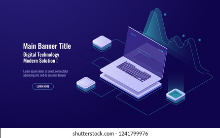 Online Analytics, big data processing, laptop with graph, data visualization, isometric, database access, account sign in, enter password, dark neon vector, ultraviolet