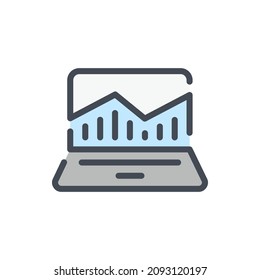Online analytics color line icon. Computer with chart report vector outline colorful sign.