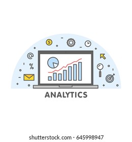 Online analytics concept line illustration. Laptop with web page graphic diagram screen and linear icon vector.
