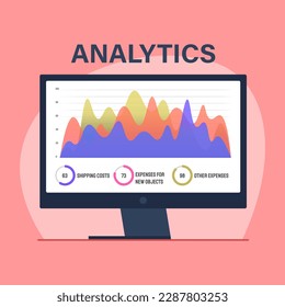 Análisis en línea, gráfico de informes financieros, análisis de datos y concepto de desarrollo web. Monitor con el perfil de la compañía de gráficos de datos, con el concepto de diseño gráfico de elementos gráficos de información, presentación de negocios