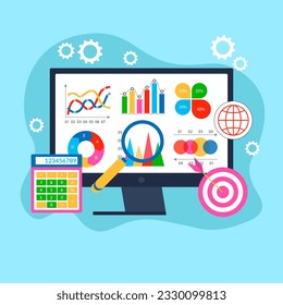 Online analytics, financial report chart, data analysis, and web development concept. Monitor with data chart company profile, info graphic elements graph design, abstract business presentation