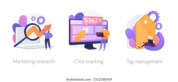 Iconos de análisis en línea establecidos. Desarrollo de negocios de redes sociales, construcción de estrategias. Investigación de marketing, seguimiento de clic, metáforas de gestión de etiquetas. Ilustraciones de metáforas conceptuales aisladas por vectores.