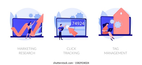 Online analytics icons set. Social network business development, strategy building. Marketing research, click tracking, tag management metaphors. Vector isolated concept metaphor illustrations.