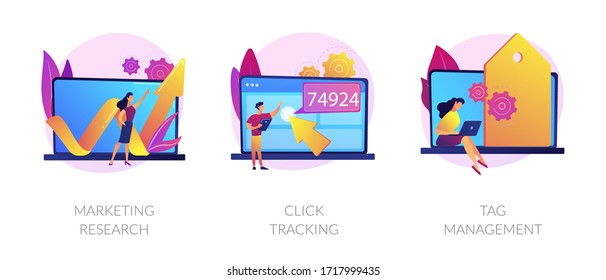 Online analytics icons set. Social network business development, strategy building. Marketing research, click tracking, tag management metaphors. Vector isolated concept metaphor illustrations.