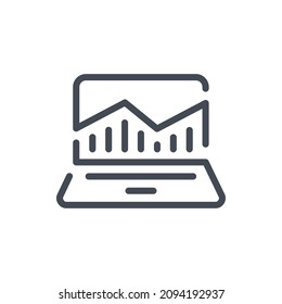 Online analytics line icon. Computer with chart report vector outline sign.