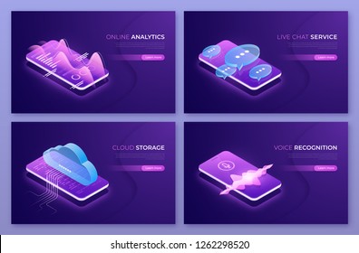 Online analytics, live chat service, cloud technologies, voice recognition isometric concepts. Vector illustration.