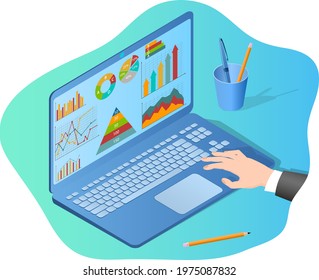 Online analytics and performance evaluation.Financial audit and data analysis.The businessman makes a report on the results of the profit.3d image.Isometric vector illustration.
