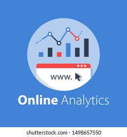 Online analytics, web statistic, internet big data, website usage report, vector flat illustration