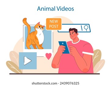 Online Animal Engagement concept. A man shares heartwarming animal videos on a social platform. Capturing the joy of pet content in the digital age. Flat vector illustration.