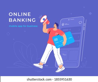 Online announcement of a new banking mobile app for business. Flat vector illustration of smiling man going out of a smartphone with blue credit card and shouting into loudspeaker for investors