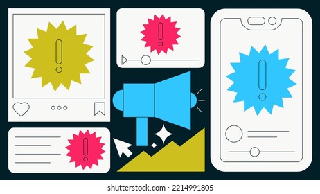 Online announcements on social media flat illustration. Different social media formats with exclamation mark, megaphone, rising chart. Commercial ad campaign concept. Simple colourful cartoon design.
