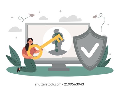 Online Anonymity Concept. Girl Hides IP Address On Internet Using Vpn. Security, Safety And Protection. Woman With Computer. Modern Technologies And Digital World. Cartoon Flat Vector Illustration