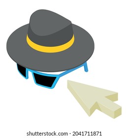 Icono de anonimato en línea vector isométrico. Cursor del ratón, sombrero de hombre y gafas de sol. Tecnología moderna, privacidad en internet, concepto de criptodivisa, tecnología de blockchain