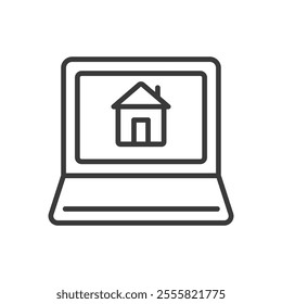 Online apartment search, icon in line design. Online, apartment, search, home, rental, housing, property on white background vector. Online apartment search editable stroke icon