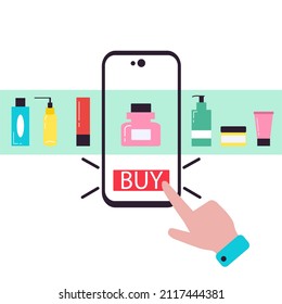Online app on phone screen - cartoon hand pushing Buy now button on beauty bottles and hair care products shelf background. Buyers hand selects and buys beauty cream and tube on cell phone screen. 