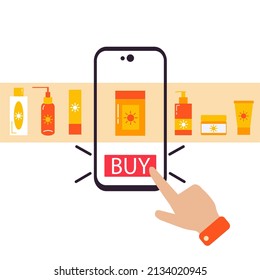 Online app on phone screen - cartoon hand pushing Buy now button on beauty bottles and sunscreen products shelf background. Buyers hand selects and buys beauty cream and tube on cell phone screen.