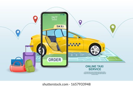 Online app for ordering a taxi cab with a mobile phone superimposed over a yellow cab with luggage in the foreground, vector illustration