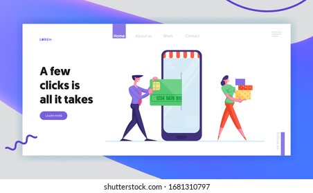 Online App for Shopping, E-Commerce Sales Landing Page Template. Businessman Character Enter Credit Card to Smartphone for Wireless Payment, Woman Carry Purchases. Cartoon People Vector Illustration