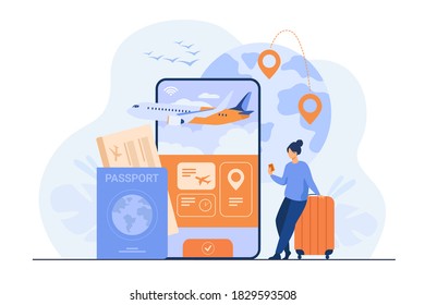 Online app for tourism. Traveler with mobile phone and passport booking or buying plane ticket. Flat illustration for vacation, digital technology, trip concept