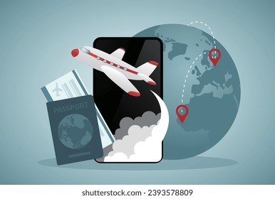 Online app for tourism. Traveler with mobile phone and passport booking or buying plane ticket. Flat illustration for vacation, digital technology, trip concept