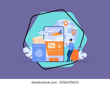 Online app for tourism. Traveler with mobile phone and passport booking or buying plane ticket. Flat illustration for vacation, digital technology, trip concept