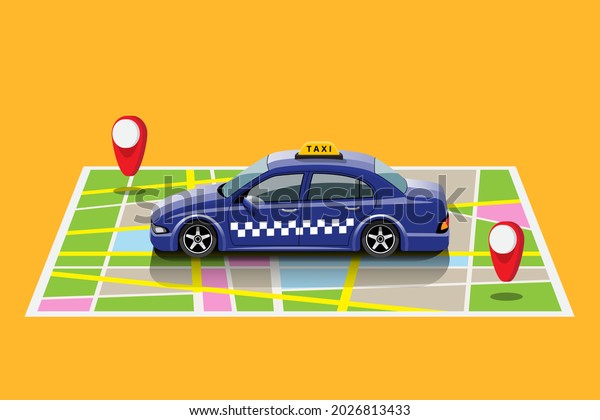 Online application for call taxi service by smart\
phone and set location for destination and location for taxi\
driver. Business and online taxi service concept vector\
illustration in flat\
style.
