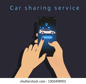 Online Application Car Sharing Service vector illustration advertising poster design of White car.Flat Style with Geolocation Icon, People in Realistic Smartphone and button Start Now in Hand. 