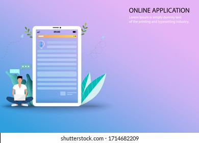 Online application concept, a young man is searching in the internet by using laptop to find a course to apply in the university and or job application after graduation in pastel color background.