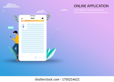 Online application concept, a young man is searching in the internet by using smartphone to find a course to apply in the university and or job application after graduation in pastel color background.
